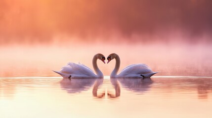Symmetrical swans create heart reflections on a misty lake at dawn