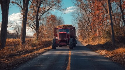 Obraz premium Rural autumn scene with a vintage tractor on a countryside lane