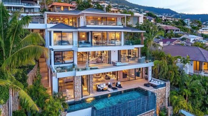 Fototapeta premium Luxurious hillside villa with infinity pool overlooking the cityscape