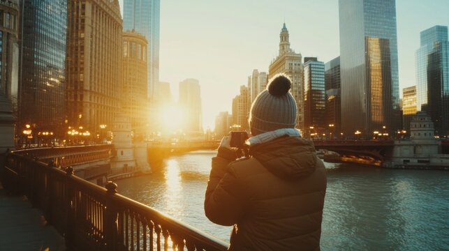 Person Taking Photo of Sunset Over City Skyline near River