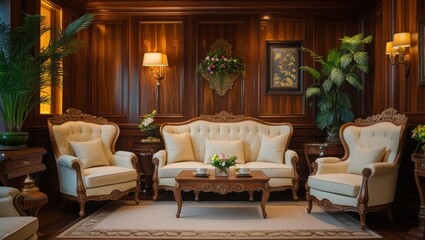 Elegant Wooden Room with Classic Sofa Set