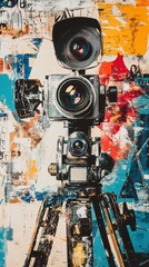 Film reels and cameras illustrating the impact of cinema on pop art in a vibrant and colorful display of creativity