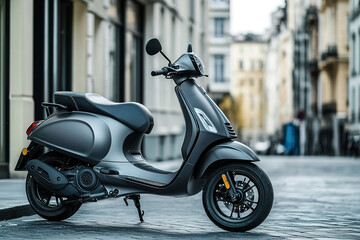 Modern matte gray scooter parked on a European cobblestone street Urban mobility