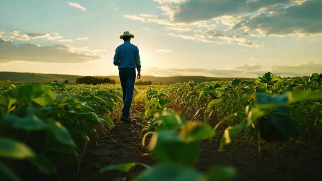 A farmer strolls through a lush green field during sunset, enjoying the beauty of nature. The bright sky and golden light create a serene ambiance in the countryside