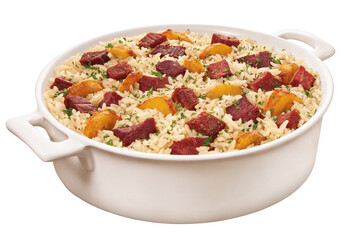 panela com receita brasileira de arroz carreteiro isolado em fundo transparente