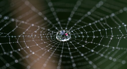 Fototapeta premium Close-up of a dew-covered spider web glistening in morning