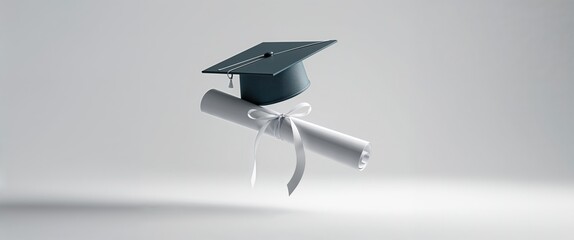 A graduation cap is suspended above a rolled diploma tied with a ribbon, highlighting success in education. The minimalistic background enhances the focus on the symbols of achievement