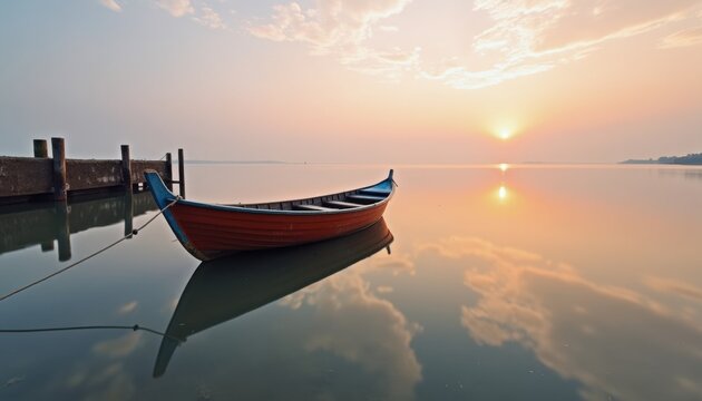  Boat tethered to old pier at sunrise with pastel sky reflection