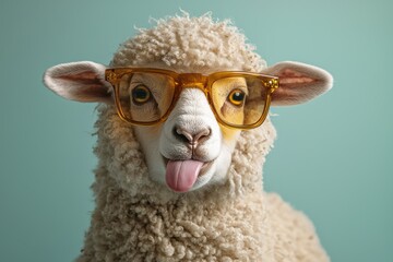 Cheeky sheep poses playfully in minimalist setting with fluffy wool texture