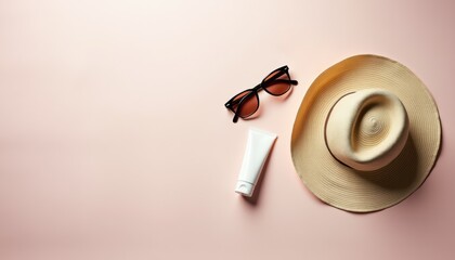  Aesthetic summer composition with sunscreen, sunglasses, and panama hat
