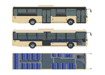 Isolated bus drawing. Realistic passenger transport. Autobus seat map. Industrial 3D scheme. Side and top view. Tourist vehicle interior