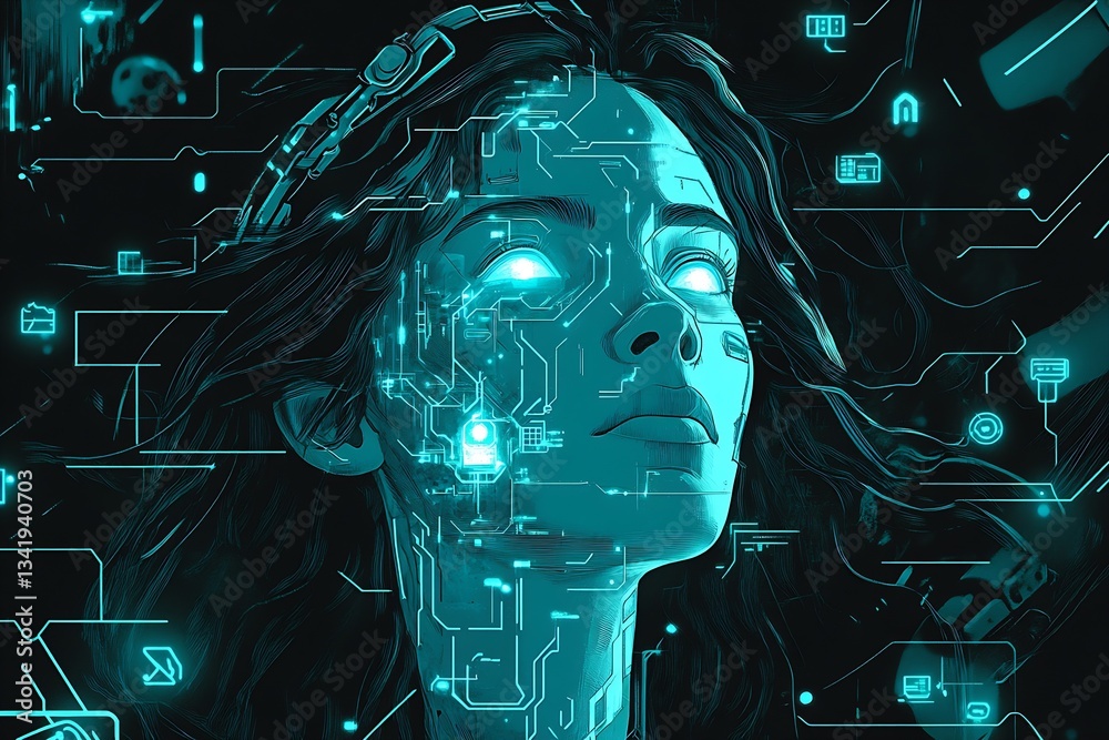 Aufkleber intricate digital illustration of a woman surrounded by high-tech visual elements : generative ai