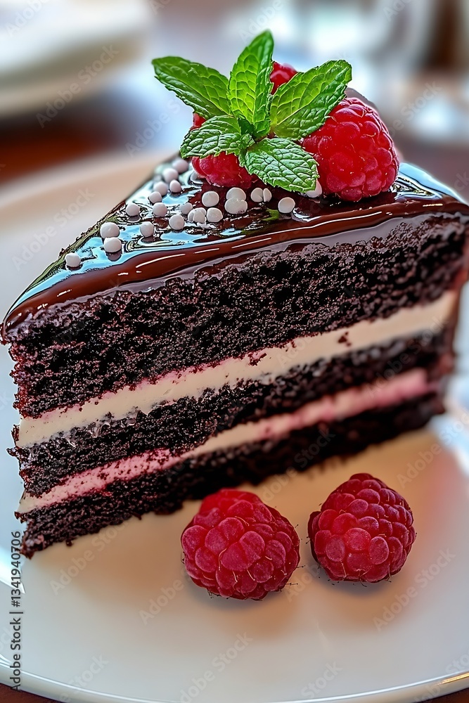Poster richly layered chocolate raspberry cake decorated with mint leaves and colorful candy sprinkles on t