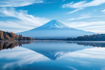Majestic mountain reflected in tranquil lake.  Autumn colors surround the iconic peak
