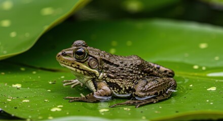Obraz premium Close-up of a frog resting on vibrant green lily pads in a serene pond