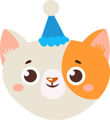Adorable two colored cat wearing a blue party hat, celebrating a birthday or special occasion, with big eyes and a cheerful expression, perfect for children s designs and festive projects