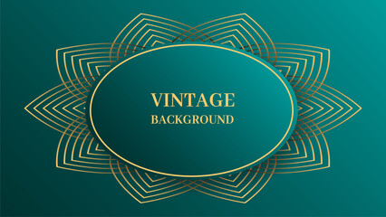 Teal green gradient abstract background with 3d oval and gold mandala pattern. Shiny poster or web banner template. Ethnic pattern, ornament	
