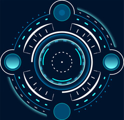 Glowing blue and white futuristic heads up display element rotating against a dark backdrop, offering a striking visual for technology focused projects and digital designs