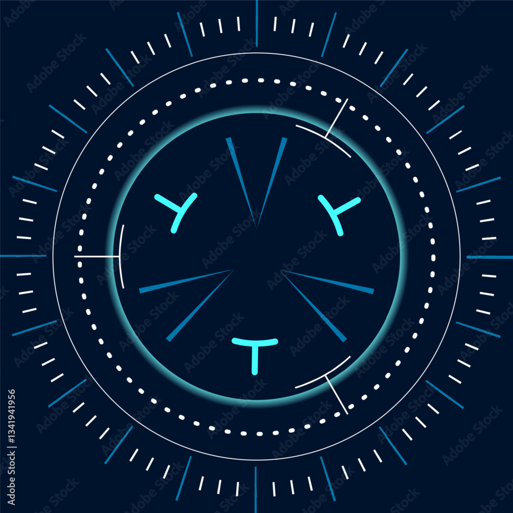 Poster circular loading bar with glowing neon blue light and target symbol, radiating lines and dotted patt