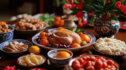 Table Filled with Qingming Festival Offerings, Including Chicken, Oranges, Mooncakes, and Rice - Traditional Chinese Ancestral Worship and Family Gathering