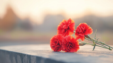 Red carnations in peaceful remembrance against stone surface