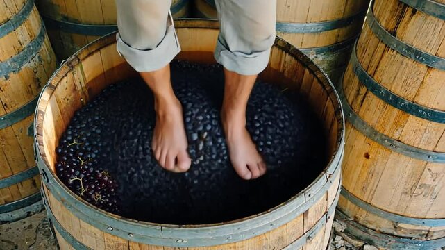 Stomping grapes with feet.