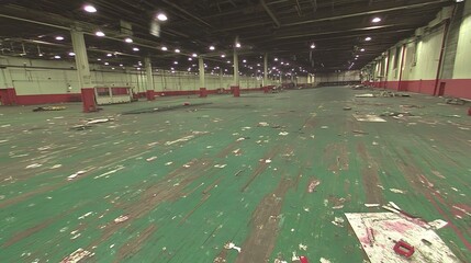 Derelict Factory Interior: Debris-Strewn Floor.