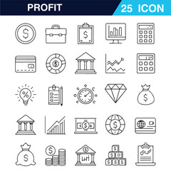 A set of line-style web icons representing financial profit. This collection includes icons for money savings, income, finance, growth, investment, payments, earnings, and financial management. Design