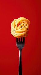Twisted pasta delight on a fork with bold red backdrop