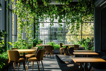 Indoor dining area with green plants wood tables and chairs in natural light