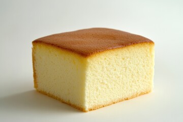 A golden square slice of delicious sponge cake sits alone