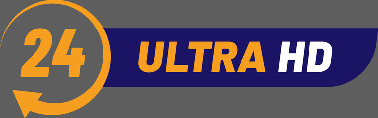 Orange twenty four hour symbol featuring a circular arrow and Ultra HD in orange and white letters on a blue banner, representing nonstop high definition video service