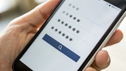 Cybersecurity A hand holding a smartphone displaying a password entry screen with hidden characters.
