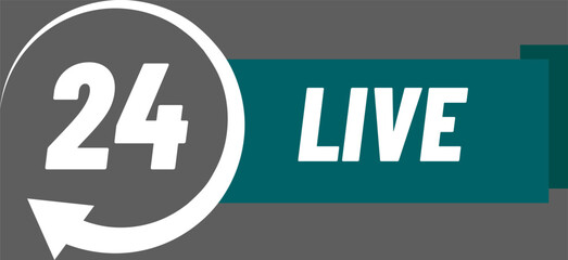 Non stop live streaming is represented by the number 24 inside a rotating arrow and the word, live on a green horizontal banner over a gray background