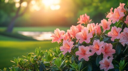 Fototapeta premium Pink Azalea Blossoms in a Sunlit Garden