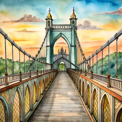 Obraz premium Watercolor Painting of a Gothic Suspension Bridge at Sunset