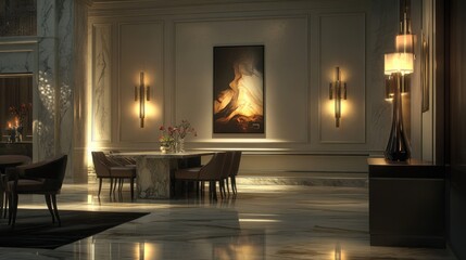Luxurious hotel lobby dining area with artwork