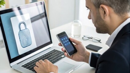 Fototapeta premium Cybersecurity Professional man using smartphone and laptop for digital security with a fingerprint lock symbol on screen.