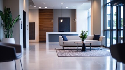 Fototapeta premium Stylish modern lobby and waiting area with minimalist design elements and plants