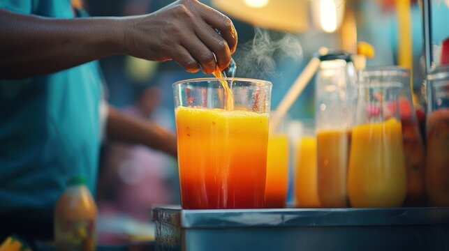Freshly squeezed fruit juice preparation by a vendor at an outdoor market