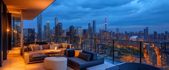Toronto Skyline Panorama from a Luxurious Rooftop Terrace at Night