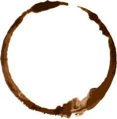 Coffee cup stain ring forming a perfect circle on a white background, ideal for concepts related to coffee, beverages, breakfast, and mornings