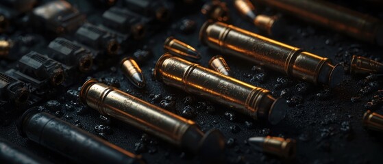 Naklejka premium Ammunition scattered on dark surface