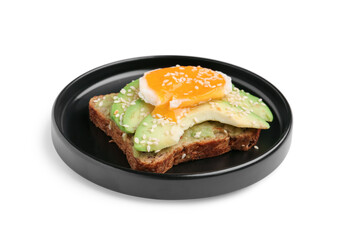Plate of tasty avocado toast with egg on white background