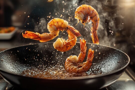 Cooked Shrimp Being Tossed In A Hot Frying Pan