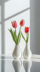 Elegant tulips in white vases casting shadows, a minimalist floral display