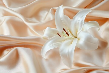Fototapeta premium Elegant White Lily on Beige Silk – Wedding & Beauty Concept