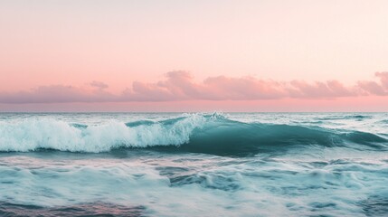 Serene ocean wave at sunset, pastel skies reflecting in tranquil water