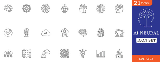A set of 21 editable icons related to AI, neural networks, and robotics, perfect for tech designs