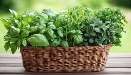 Naklejka premium Basket Of Freshly Harvested Herbs Resting On A Table: A Collection Of Freshly Picked Herbs Sitting In A Basket On A Wooden Surface.